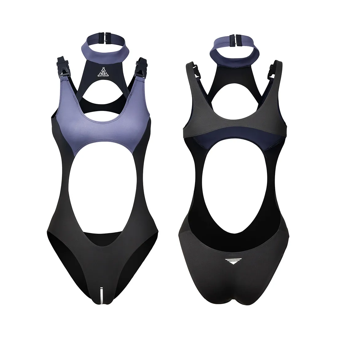 Dirtytech, disfraz de cosplay de anime, mono táctico con aberturas, cuello halter, diseño de bloques de color, mono de una sola pieza, atuendo de cosplay de estilo techwear.
