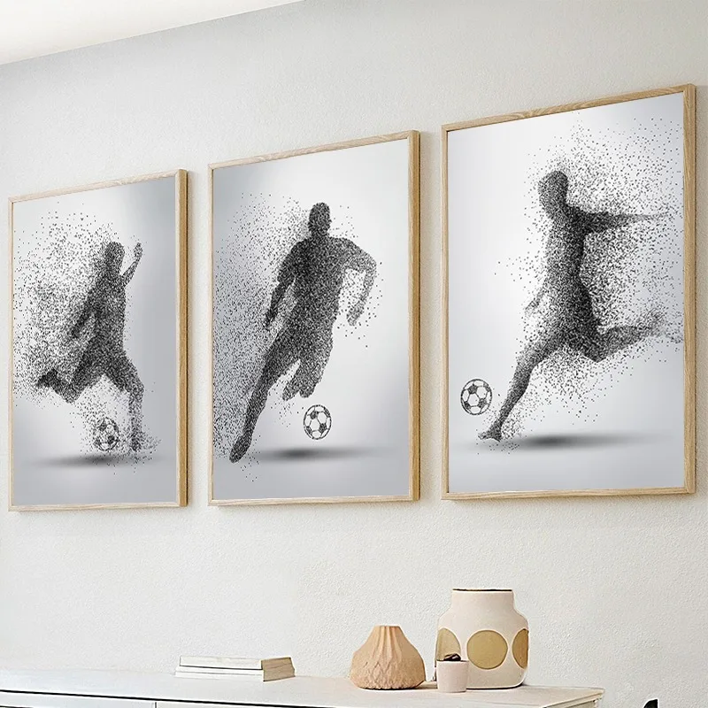 Abstract Particle Sports Football Poster Black and White Soccer Player Canvas Painting Prints Wall Art Picture Home Room Decor