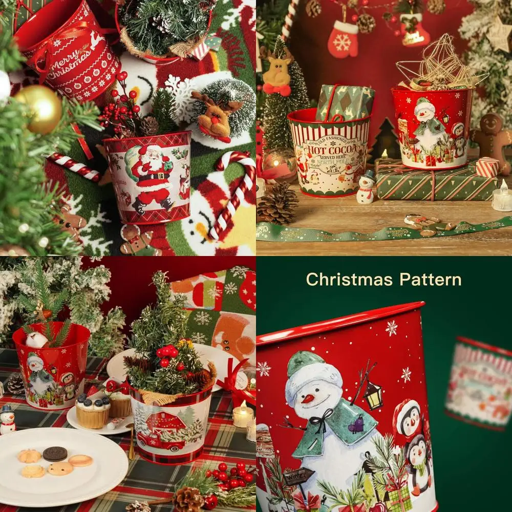 

Set of 5 Christmas-Themed Galvanized Metal Ice Buckets for Festive Party Decor and Home Table Centerpieces