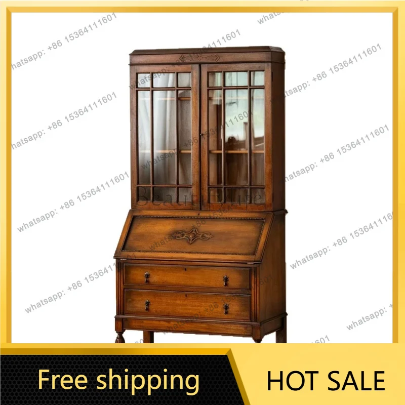 Zj. Mid-ancient style solid wood American retro carved glass door display cabinet