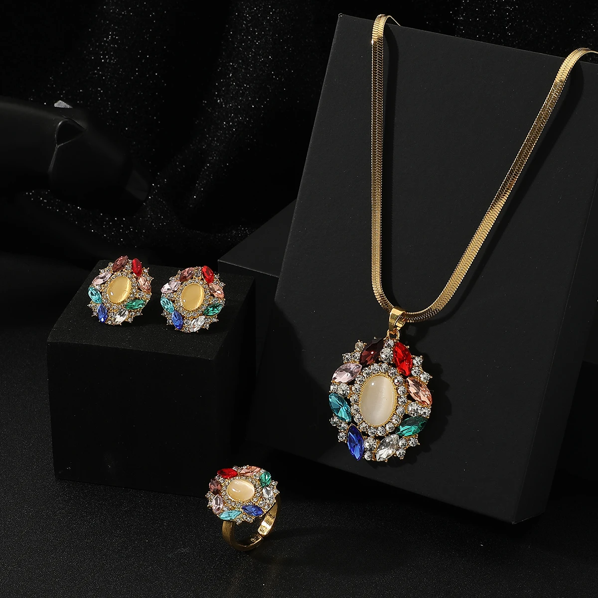 Luxury Women Cat’s Eye New Design Ring+ Necklace +Earrings Zircon micropaved high quality non-fading golden Ladies Jewelry Set
