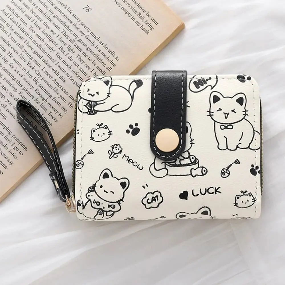 محفظة نسائية لطيفة مطبوعة على شكل قطة للعملات المعدنية، محافظ صغيرة عصرية عالية الجودة من جلد البولي يوريثان، مثالية لحقيبة بطاقات الحمل اليومية للنساء