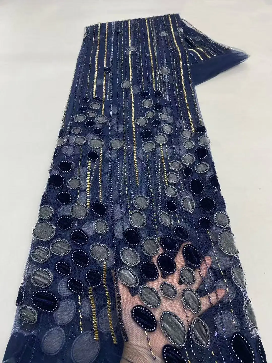 

African Lace Fabric 2025 High quality 5Yard Royal Blue Beads Fabric 5 Yards Sequence Lace Fabric For Woman Evening Dress