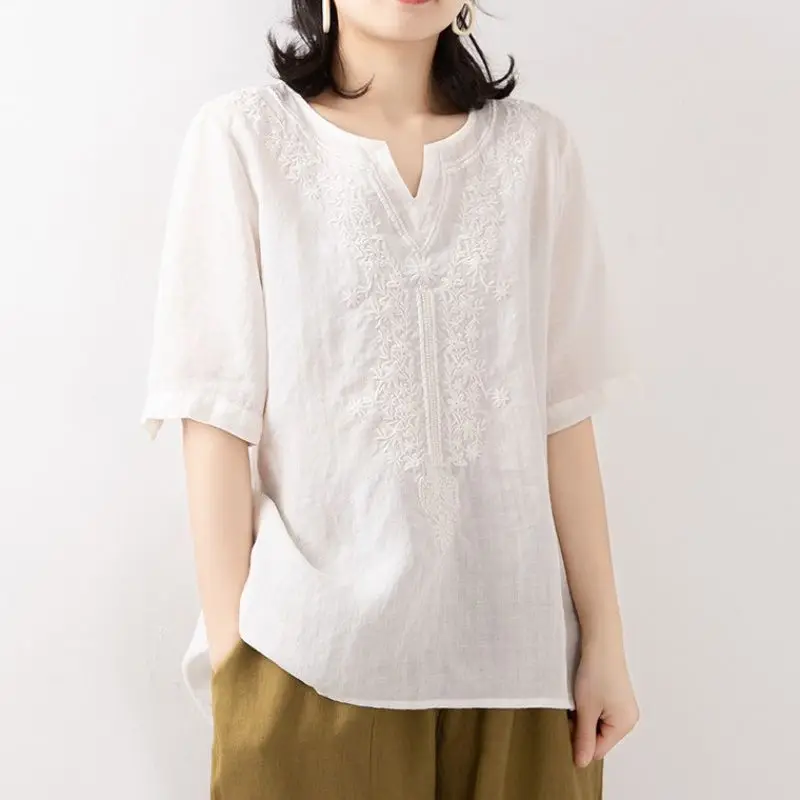 Women's Clothing Cotton Linen Shirt Summer New V-Neck Loose Fit Embroidered Short Sleeve Boho Chic Casual Trendy Top