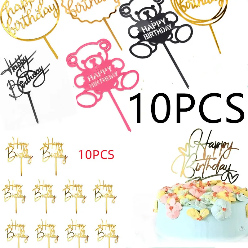 10 Pcs New Happy Birthday Cake Topper Red Gold Acrylic Kid's Party Cake Toppers Decoration for Baby Shower Gift Baking Supplies