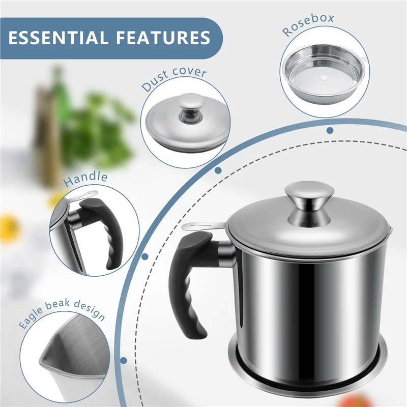 Contenitore per grasso PB-Bacon con filtro Contenitore per olio in acciaio inossidabile da 48 Oz Lattina per olio con coperchio Lattina per olio con manico facile da impugnare