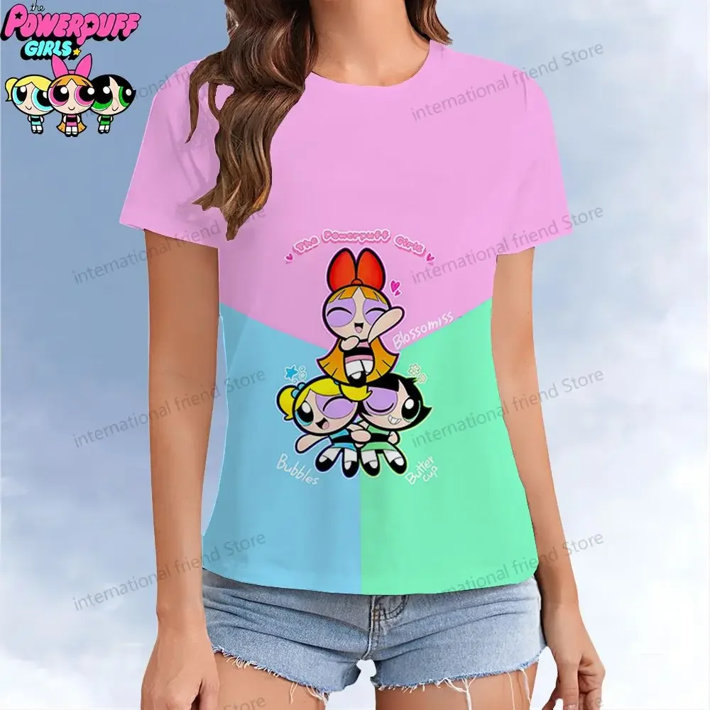 Women\'s  T-shirt The Powerpuff Girls Kawaii Short Sleeve Tee Woman Clothing O Neck T-shirts Street Wear XS-3XL 2024 Leisure Y2k