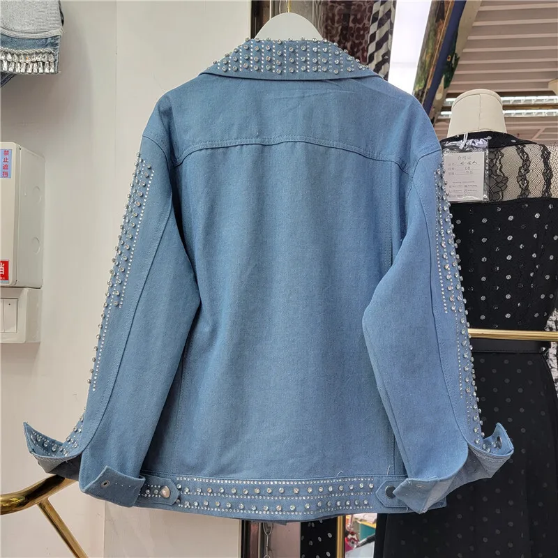 Heavy Work Fashion Beaded Diamond Blue Denim Jacket Loose Casual Lapel Long Sleeve Spring Autumn Women Jeans Jacket Streetwear