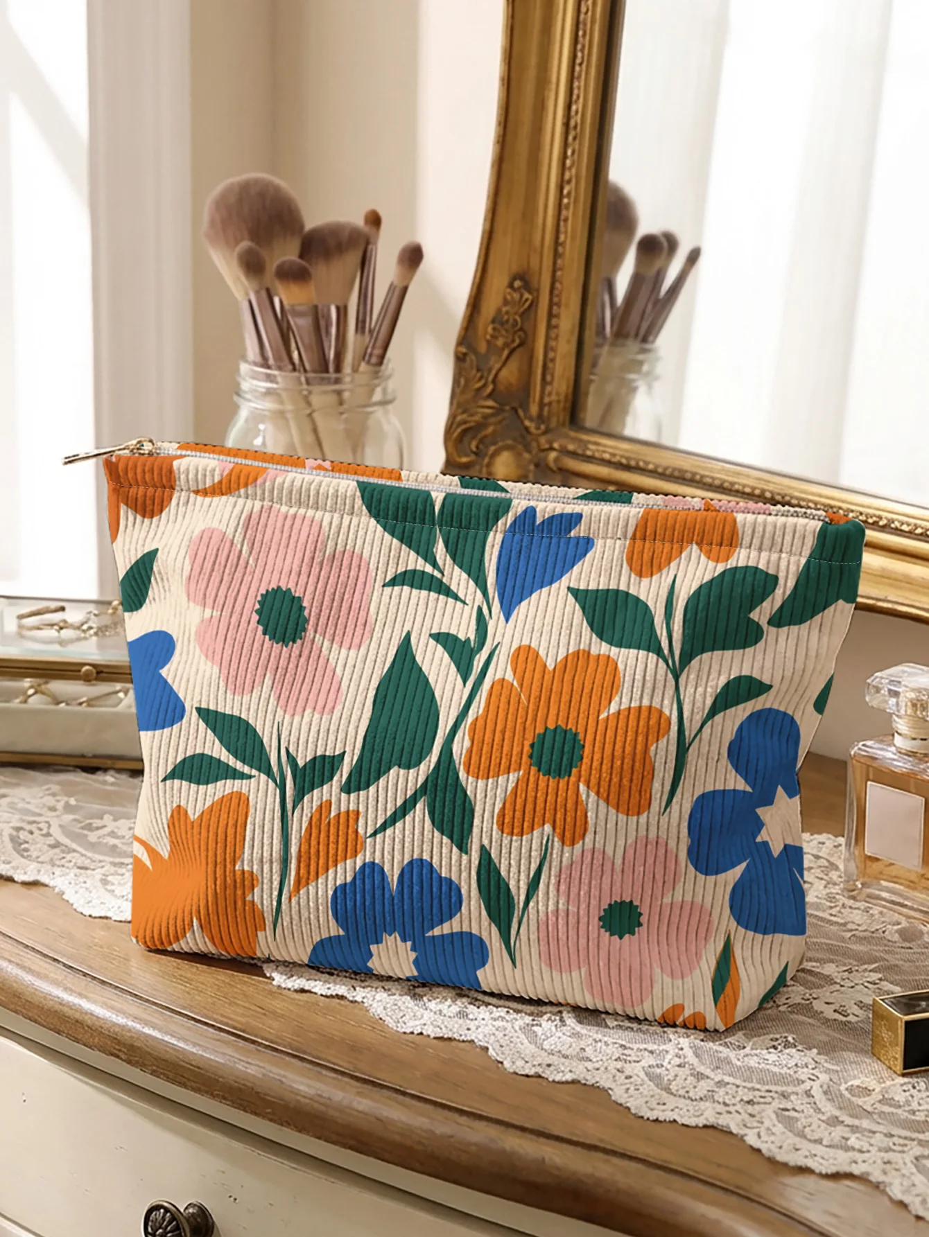 Colorful abstract big floral printed corduroy makeup bag, lightweight zipper pouch, multifunctional lined cosmetic bag