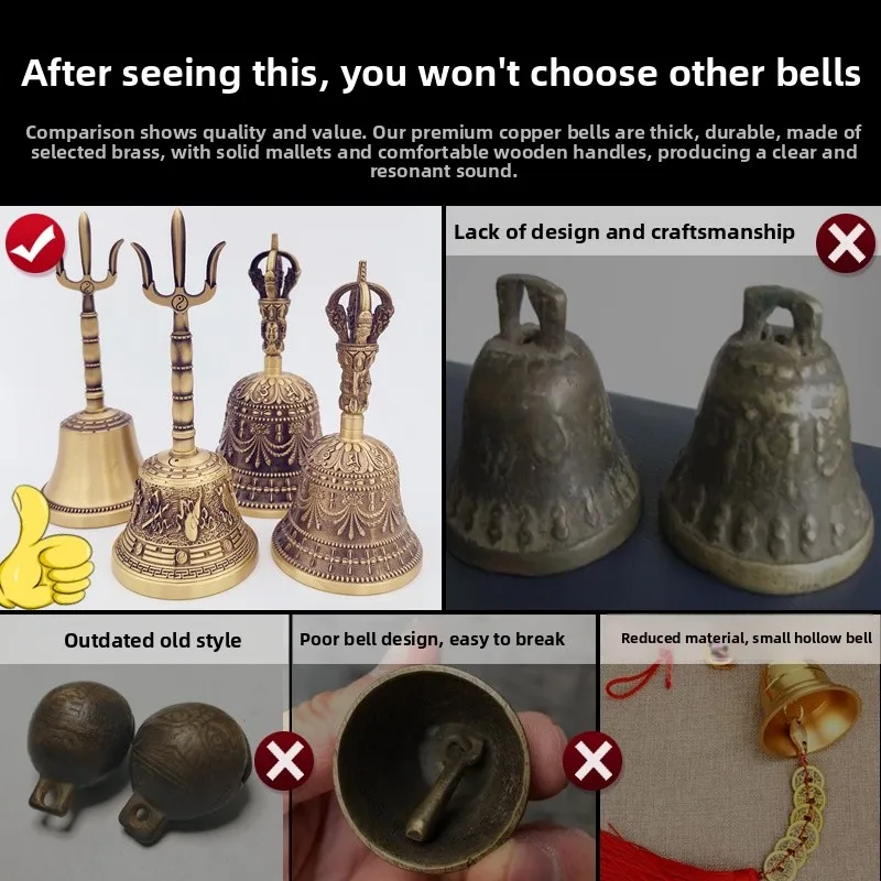جرس نحاسي كبير الحجم بثلاثة أجراس شفافة، جرس تاي تشي بثمانية أشكال، جرس يدوي، جرس داوني، جرس مثلث، جرس بوذي، جرس فاجرا #4