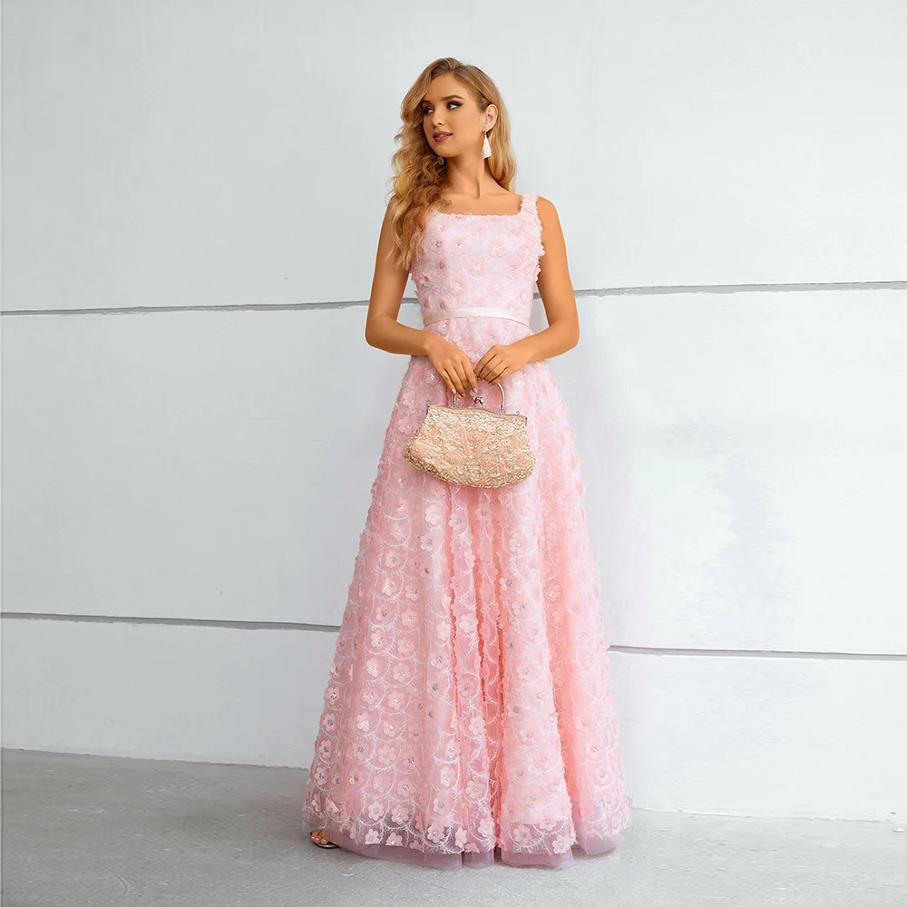 Customized Exquisite Square Collar A-Line Evening Dresses Pink 3D-Flowers Sleeveless Lace Sequin Long Prom Gown Modern Tulle Par