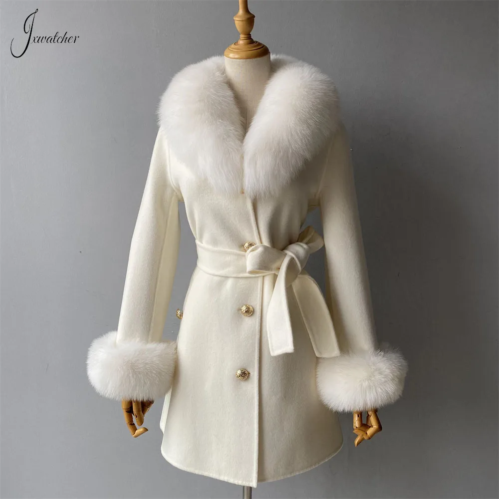 Jxwatcher Women Cashmere Wool Blend Coat Natural Fox Fur Collar Cuffs Ladies Autumn Winter Belt Slim Jacket New in Outerwears