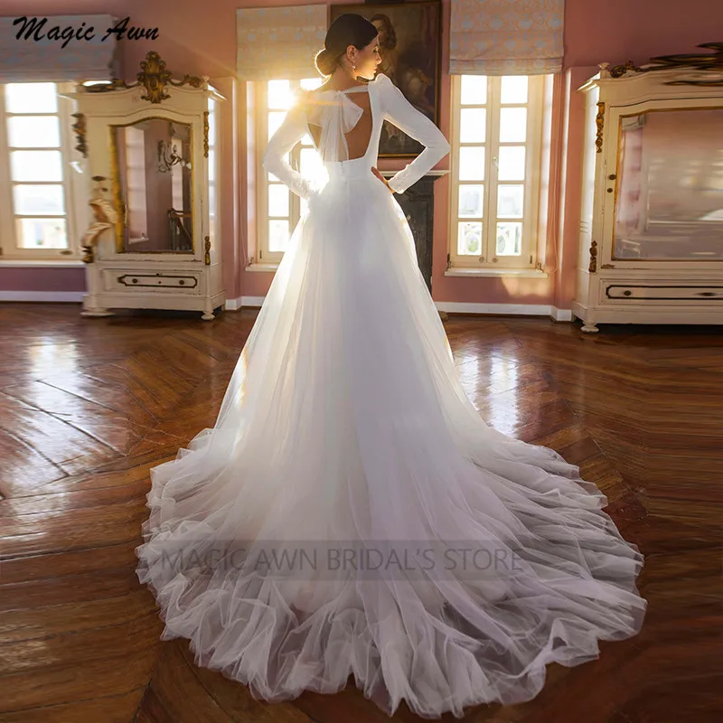 Magic Awn Long Sleeves Satin White Wedding Dresses Detachable Skirt Tulle Illusion Open Back Simple Bridal Gowns For Women Robes