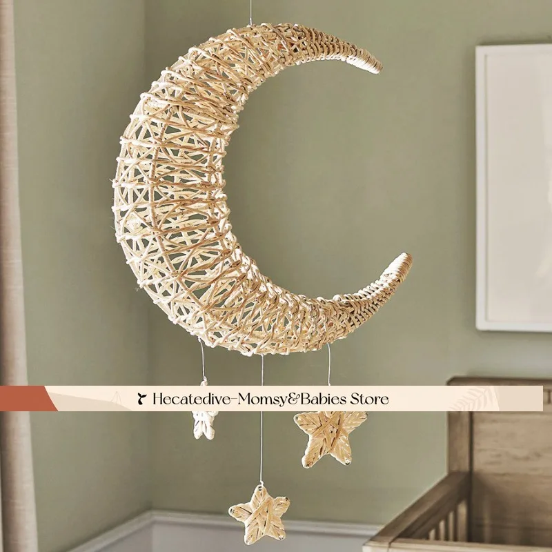 

【Must Have】hanging decorations kids room Moon & Stars Mobile - Hand-coiled Seagrass for Non-toxic Nursery Decor​ newborn sets