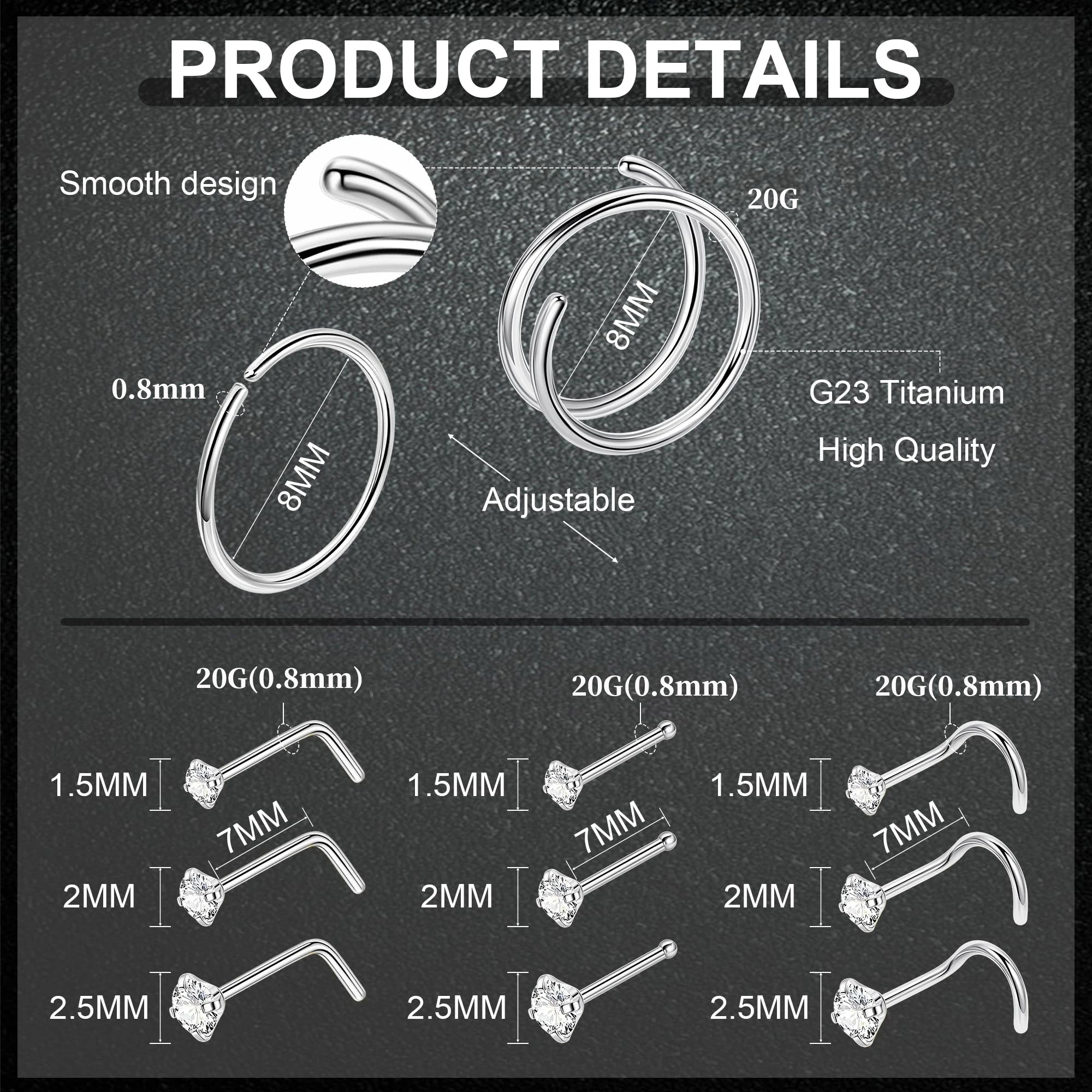 20G 18Pcs 8mm Nose Rings Hoops With 1.5-2.5mm CZ Bend/Straight/L-Shaped Rod Nose Studs Hypoallergenic Piercings Jewelry Silver