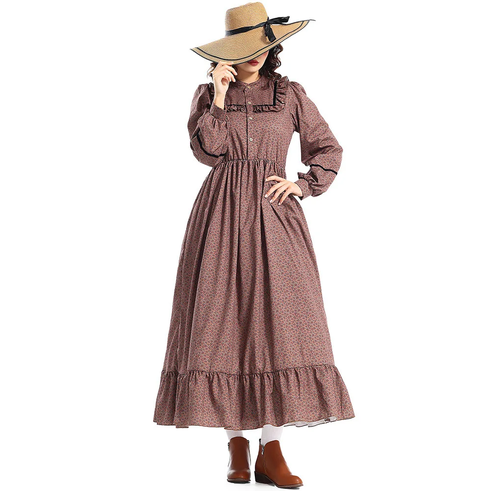 فستان هالوين بنمط الزهور البني، زي فيكتوري استعماري على طراز البراري، زي نسائي عرقي للمسرح، موضة ربيع 2024 #5