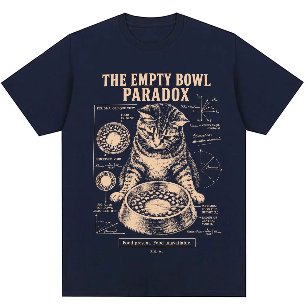 Funny Empty Bowl Paradox Cat Graphic T-shirt Men Women Hungry Cat Vintage Science T Shirt Oversized Cozy Cotton Casual T Shirts