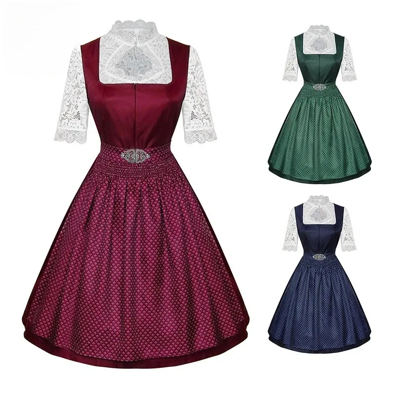 

qq28LQ2025 Cosplay for Midi Red Costume Oktoberfest Beer Maid Women Dirndl Dress with Lace Apron Fashion Hallo