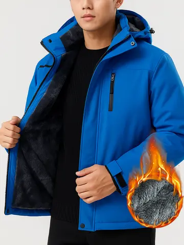 Men's Thermal Autumn Winter Jacket Windproof Waterproof Hooded Parka with Detachable Hood Fleece Lined for Outdoor Trekking