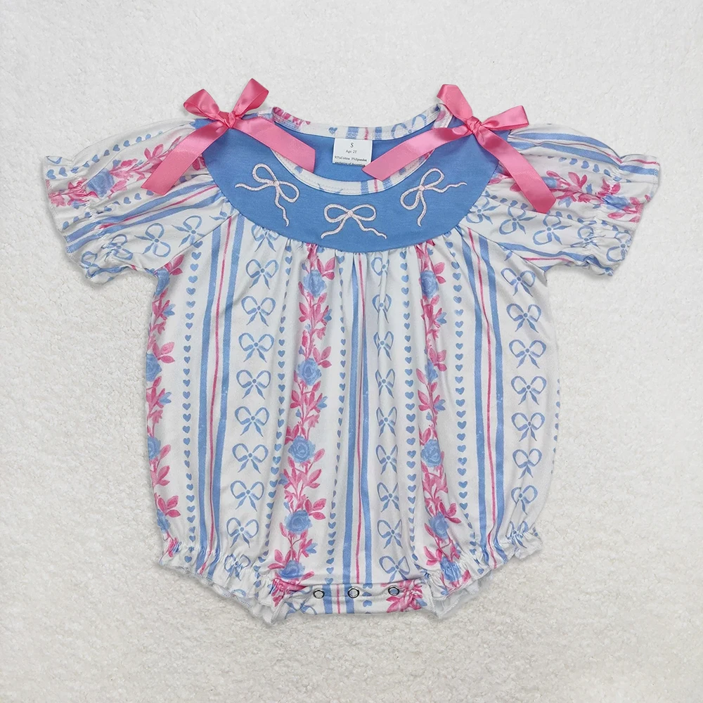 

Baby Girls Blue Pink Bows Short Sleeve Romper Striped Light Blue Floral Design Infant Short Rompers for Girls