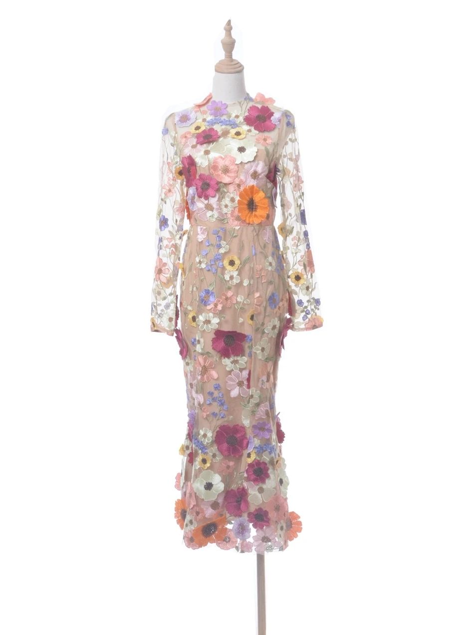 

Retro Heavy Embroidery 3D Flower See tough Tulle Slimming Fi Tail Dr for Women Long Evening Gown Ele Sle