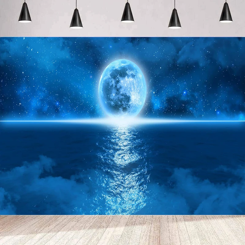 

Blue Moon Photography Backdrop Starry Sky Mysterious Full Moon Blue Sea View Background Wall Banner Poster Birthday Party Decor