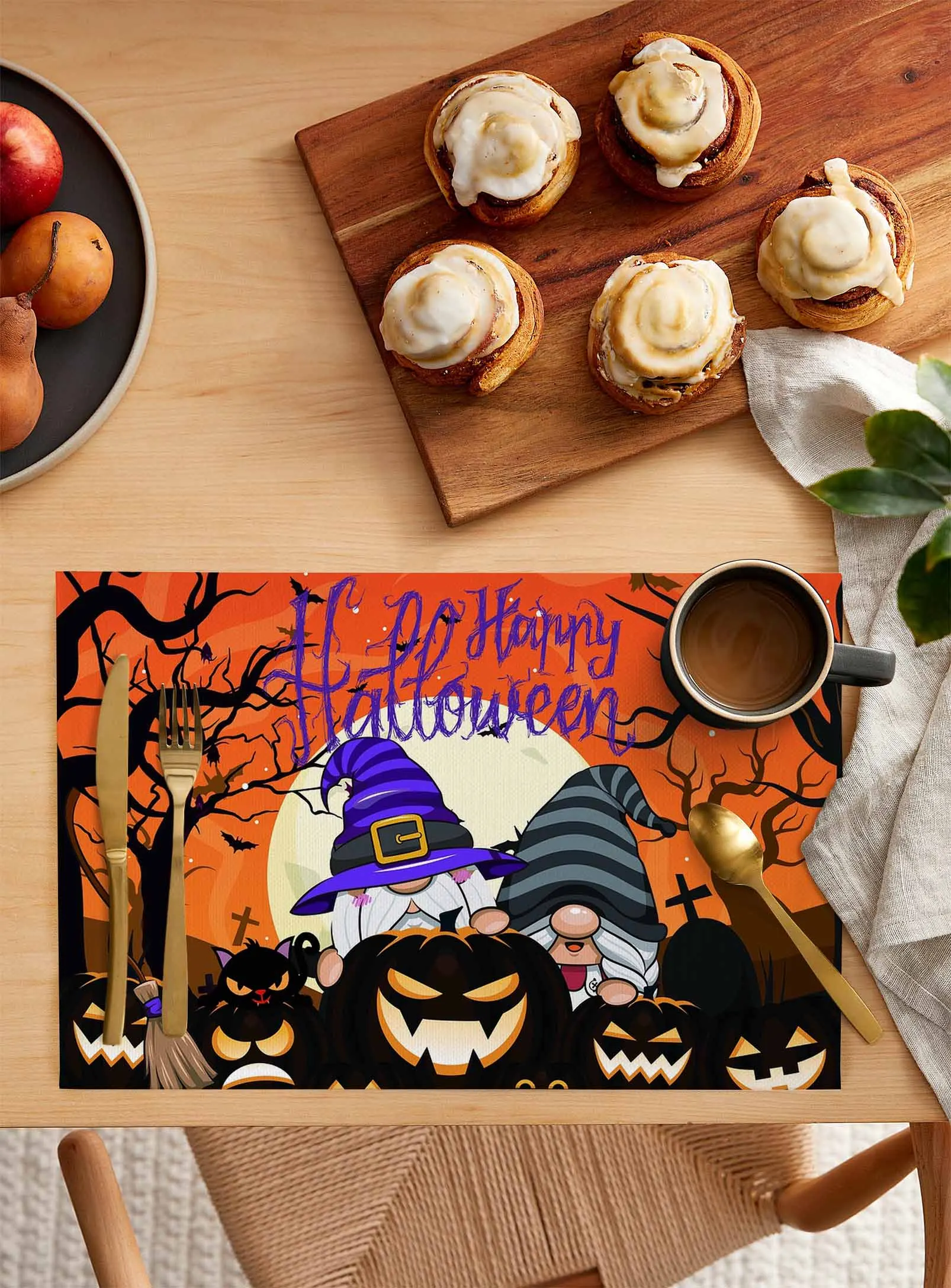 Halloween Gnome Pumpkin Demon Wizard Bat Cat Kitchen Dining Table Accessories 4/6pcs Placemat Heat Resistant Tableware Pads Mats