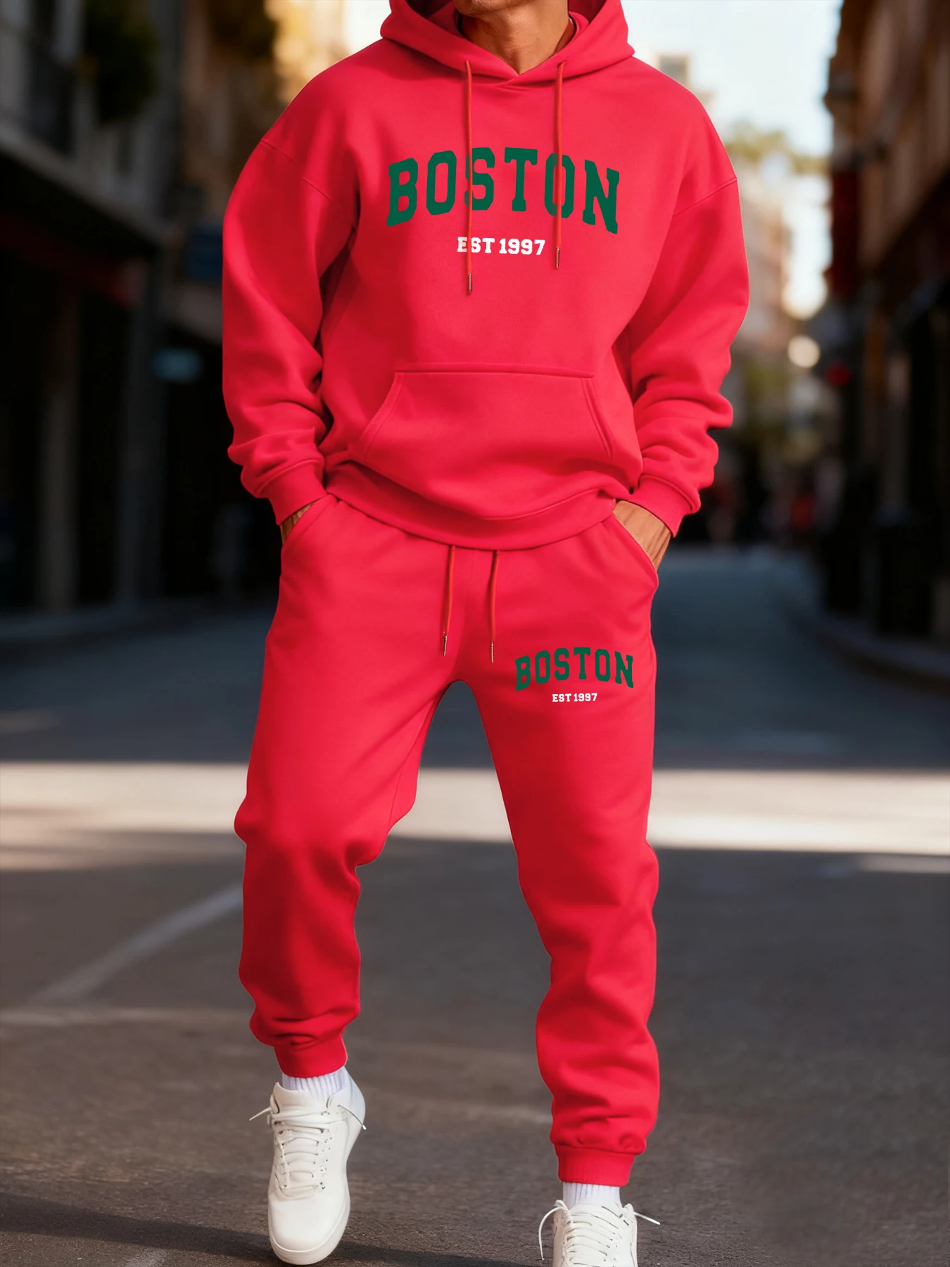 

Boston Letter Simple Printing Man Hoodie Set Winter Sporty Two Pices Sets Long-Length Street Clothes Couple'S Casual Hoody