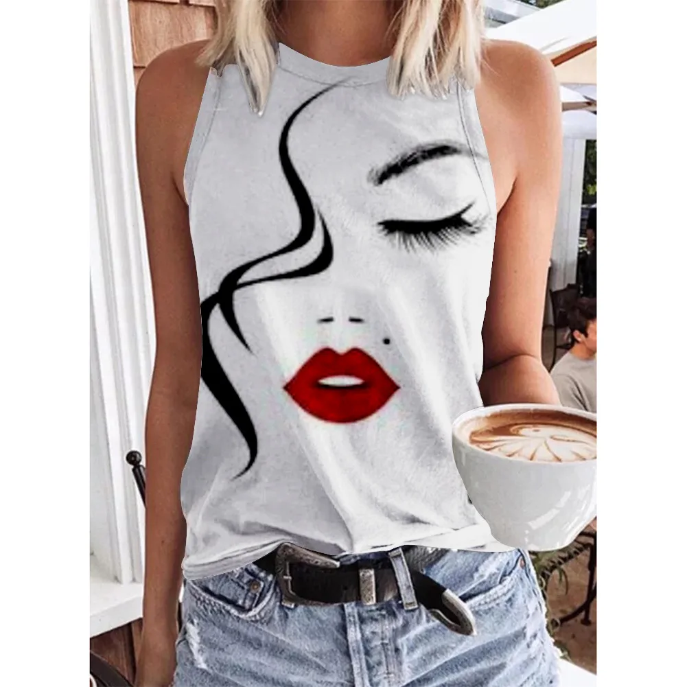 Portrait Abstract Face Printed Tank Tops Women's Fashion Sleeveless Sexy Vest Casual Crew Neck Tanks Tops Sexy Girls Tops Summer