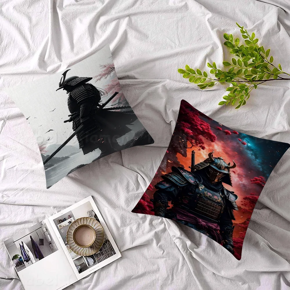 Black Samurai Cherry BlossomPillow Covers Cartoon Sofa Decorative Home Double-sided Printing Short Plush Cute Cushion Cover