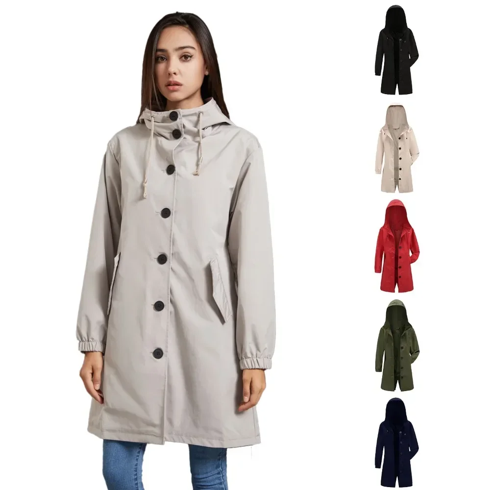 

New Anti-splashing Hooded Trench Coat Women Casual Long CoatOutdoor Raincoat Women Women Loose Rain Jacket Autumn and Winter