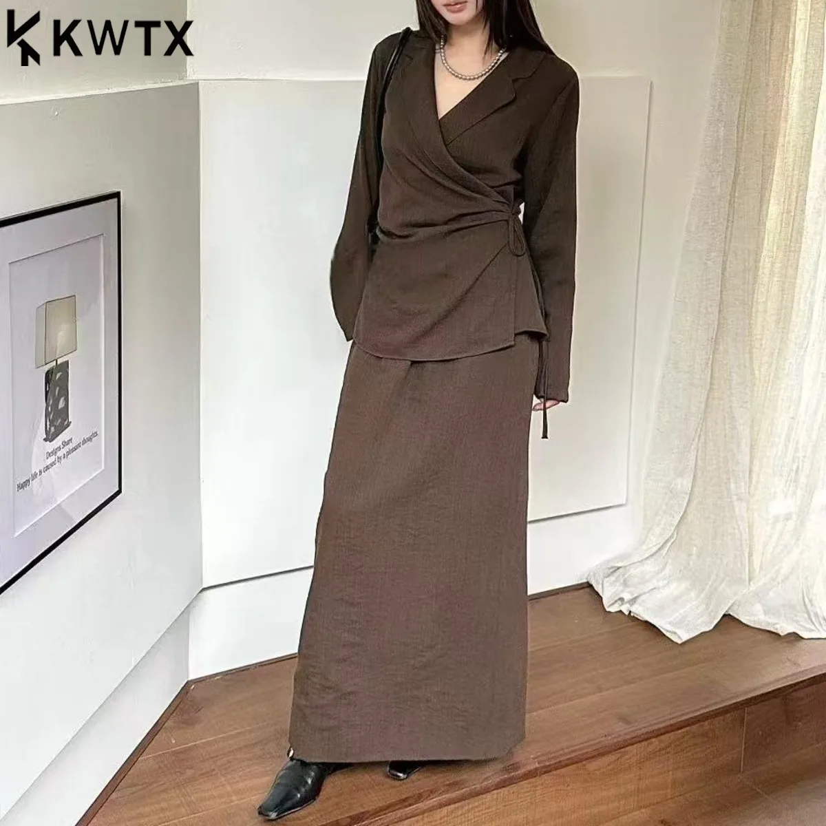 

KWTX Spring Summer 2025 Women’s Two Piece Set Lapel Long Sleeve Top High Waist Skirt Tie Waist Elegant Chic Slim Fit Casual