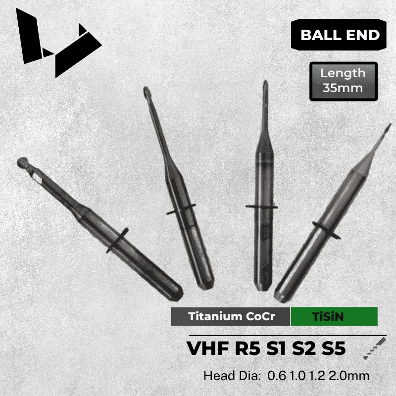 VHF NON-PRECIOUS ALLOYS (CoCr) & TITANIUM Milling - M060-R2-35 M100-R2-35 M120-T2-35 M200-R4-35 Double & Four Tooth Cutter