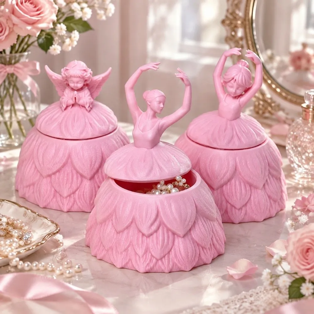 3D Printed Ballet Dancer Jewelry Box Plastic Pink Angel Trinket Box Romantic With Lid Ballet Dancer Ornament Girls Birthday Gift