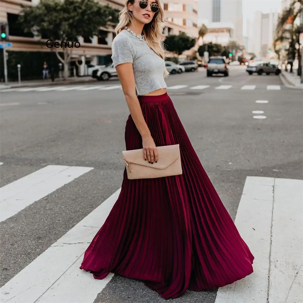 Sexy Red Wine Maxi Pleated Skirt Women 2022 Fashion Autumn Winter Long Plissee Skirts Korean Style  Jupe Longue Femme