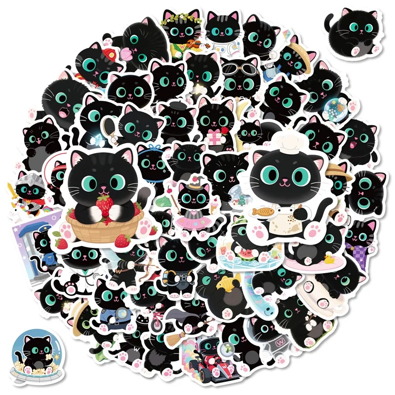 10/30/56PCS Kawaii Big Eye Black Cat PVC Sticky Sticker Aesthetic DIY Decoration Scrapbooking Hand Accounting Supplies for Kids