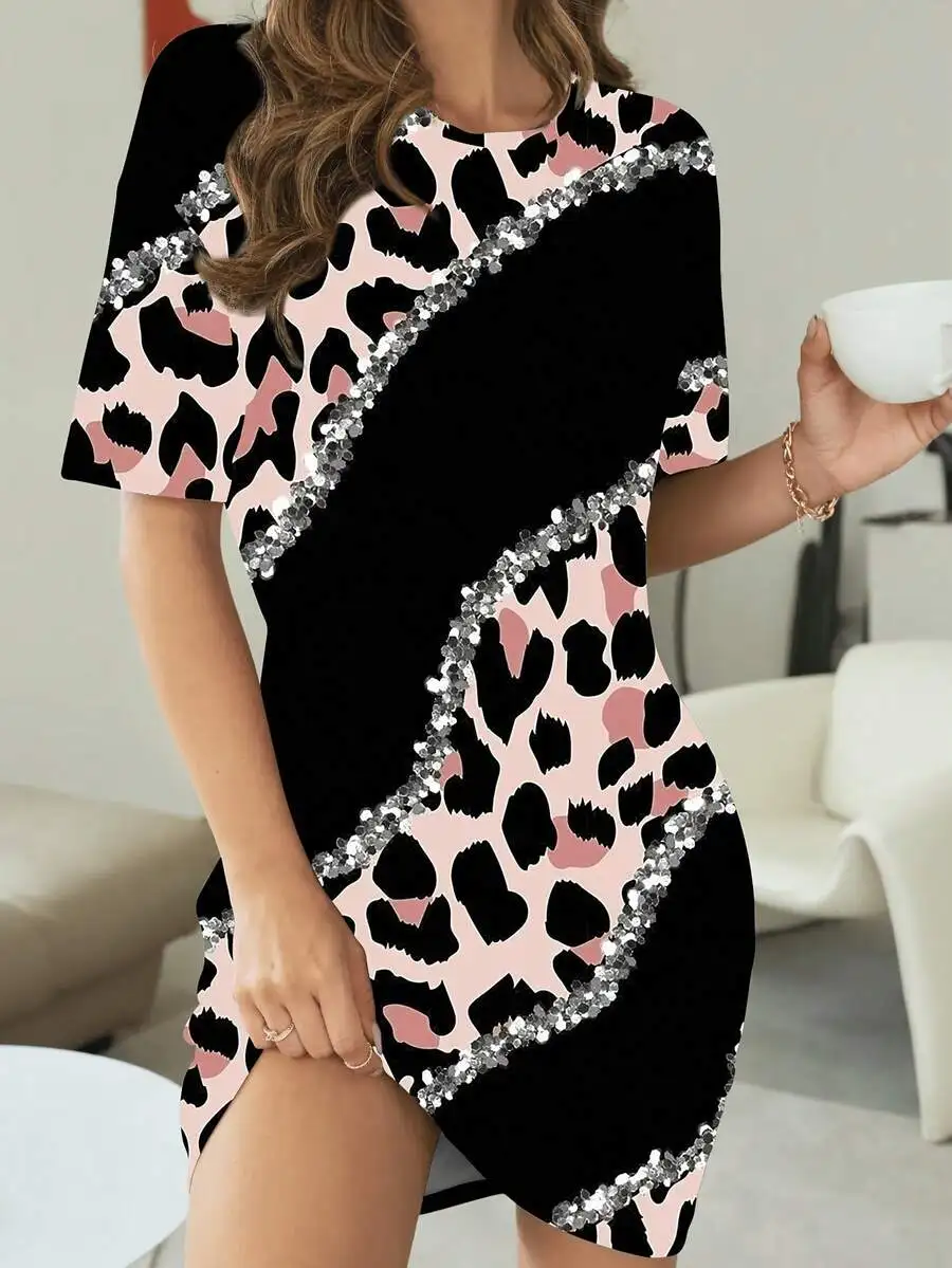 

Womens Leopard Print Patchwork Dress With Sequin Trim Short Sleeve Round Neck