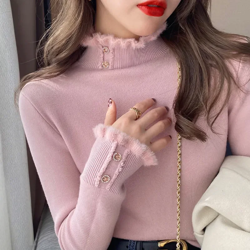 Winter Warm Sweater Pullover Women Slim Thicken Plush Velvet Lined Button Jumper Korean Half Turtleneck Poleras Soft Knit Tops