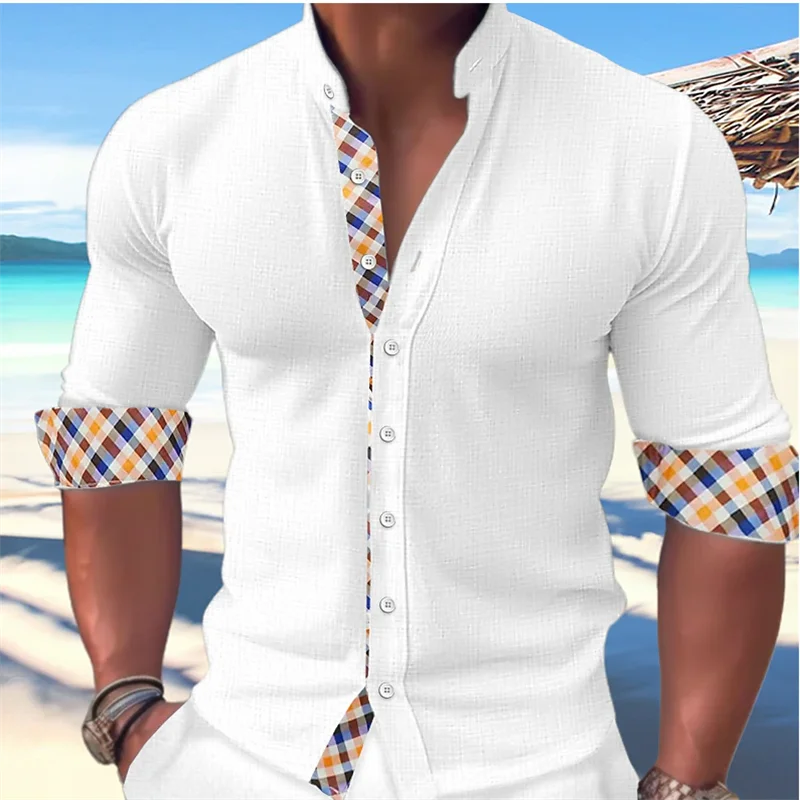 

2023 Men's Shirt Button Casual Shirt Summer Beach Shirt Black White Long Sleeve Colorful Stand Collar Casual Patchwork Clothes