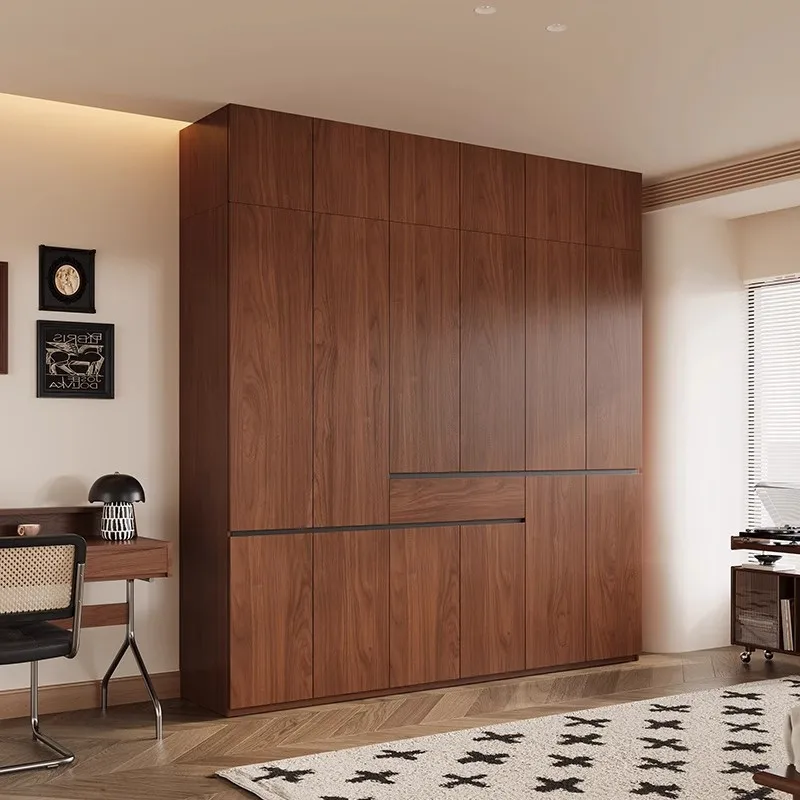 Solid wood wardrobe full oak new 2025 bedroom walnut wabi sabi home segmented free-handle wardrobe