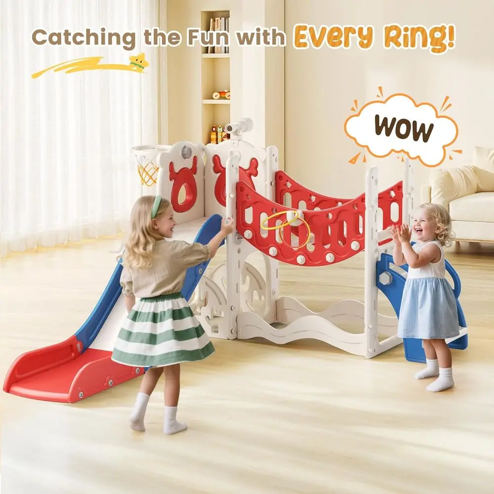 10 in 1 유아 놀이 세트: 미끄럼틀, 미술판, 골프, 농구, 수납함, 1-3세용, 실내 및 실외 사용 가능 (블루/레드)