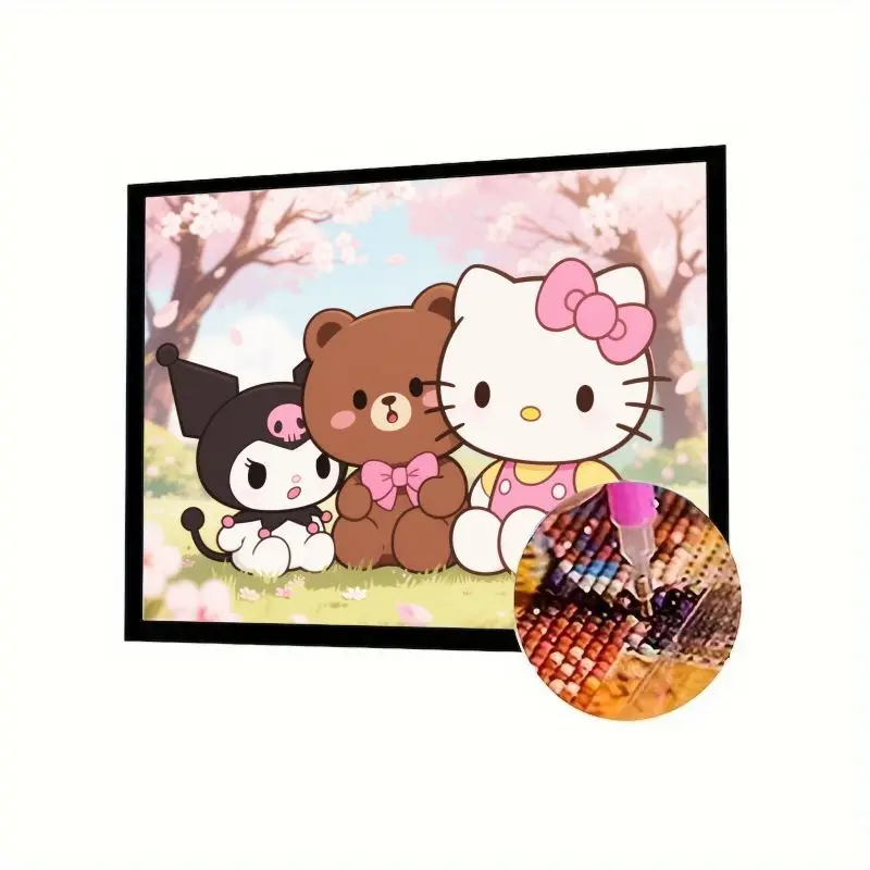 Kit de pintura de diamante 5D DIY, Hello Kitty Kuromi y lindos amigos del oso en el parque de flores de cerezo, bordado completo de diamantes de imitación, 1 ud.