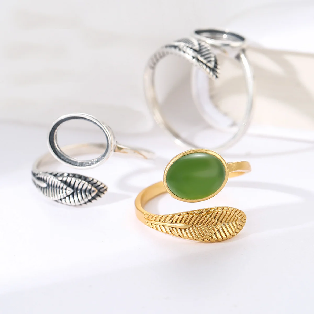 925 Sterling Silver Leaf Ring Base Blank fit Oval Cabochon Mounting Setting Adjustable Ring Cameo Handmade Jewelry Making