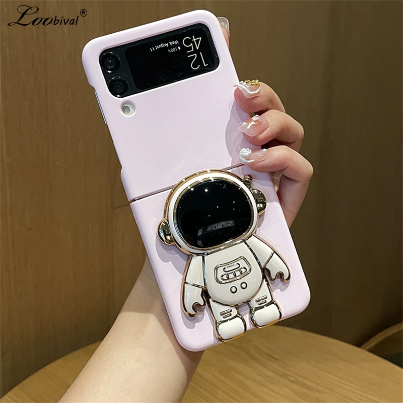 For Samsung Galaxy Z Flip 5 4 3 6 Cartoon Astronaut Stand Case For Samsung ZFlip 5 Flip4 flip3 Plating Bracket Matte Cute Cover