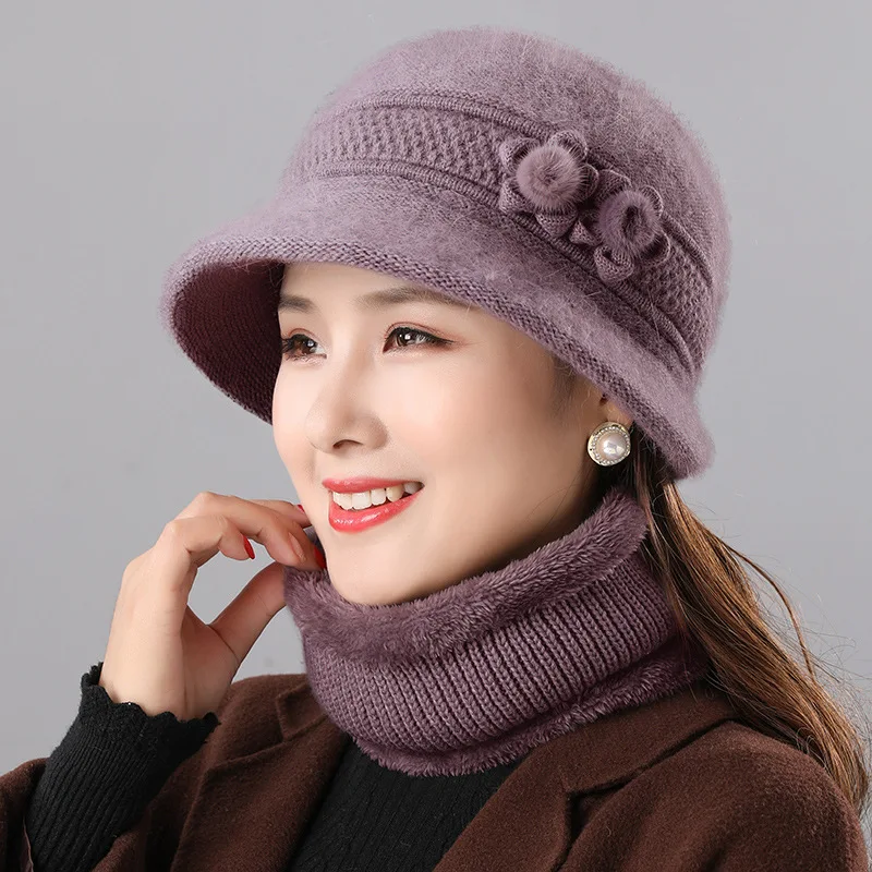 Warm Rabbit Fur Hat Middle-aged and Elderly Mom Cap Autumn and Winter Ladies Scarf Two Sets of Old Lady Winter Pot Hats