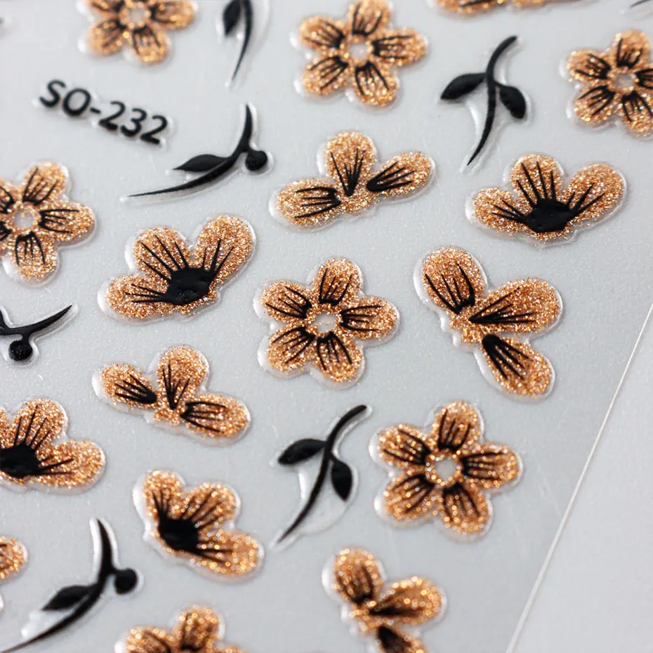 2pc 3D Black Gold Glitter Flower Nail Decal Shiny Petals Leaves Nail Art Sticker Watercolor Daisy Floral Adhesive Manicure Decor