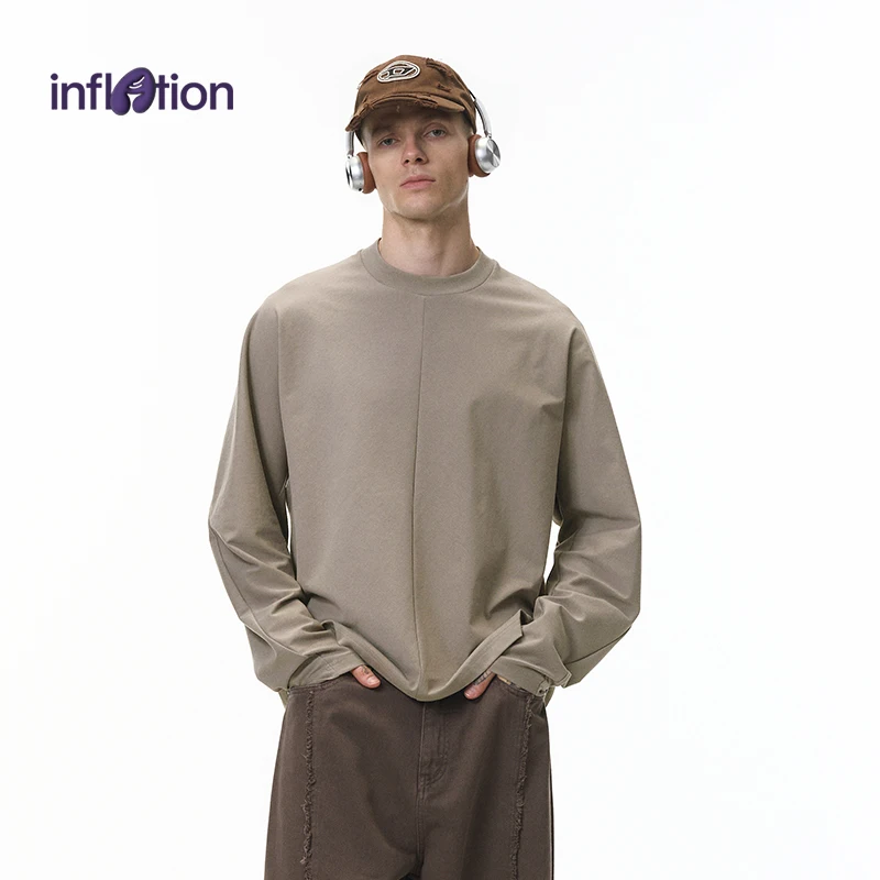 

INFLATION Men's Cropped Long Sleeve Tee 2025 Autumn American Streetwear Curved Hem Casual Shirt Slim Fit Layering Top