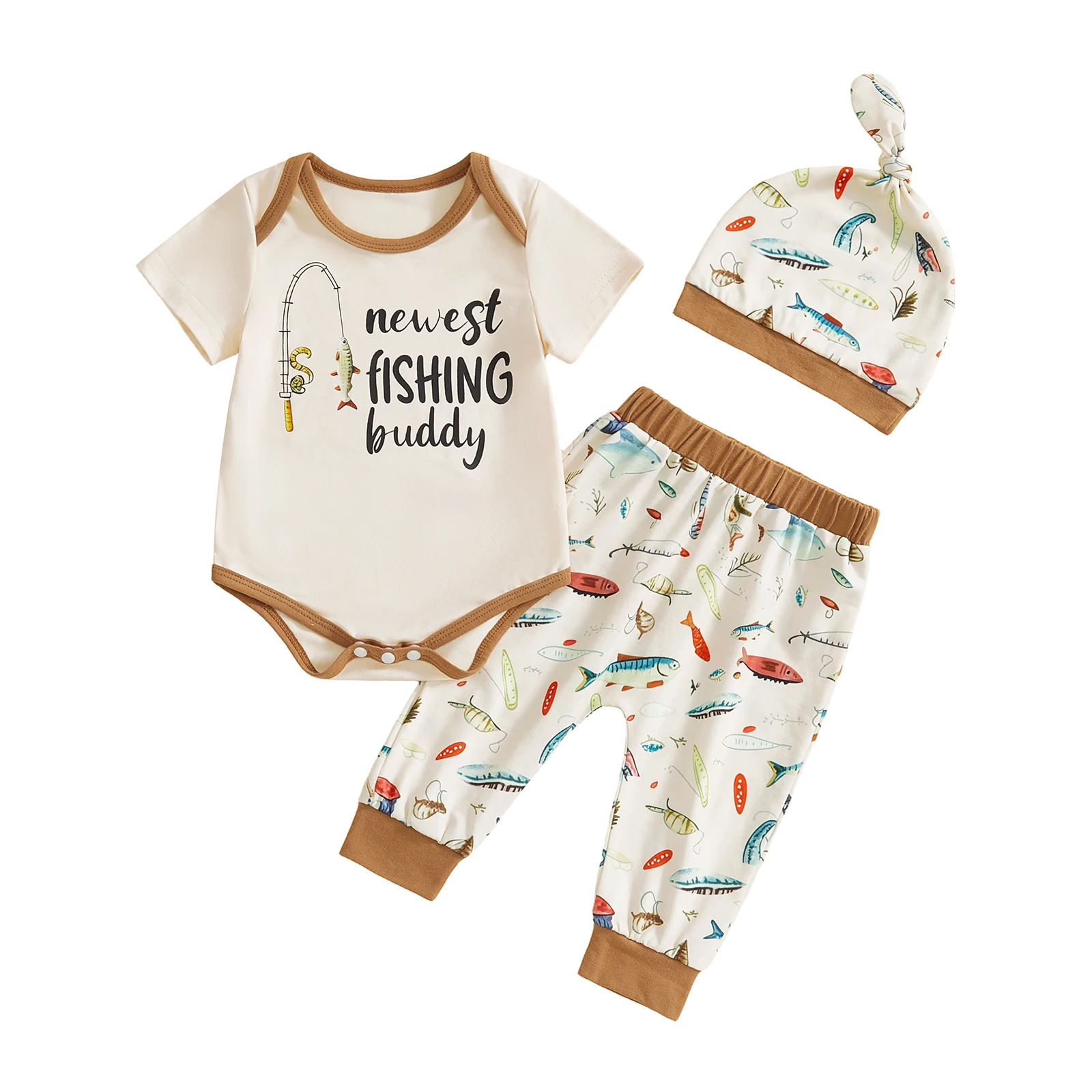 

Baby Boy s Clothing Sets Fashionable Fish Printed Short Sleeve Romper with Pants Hat 3Pcs Outfits