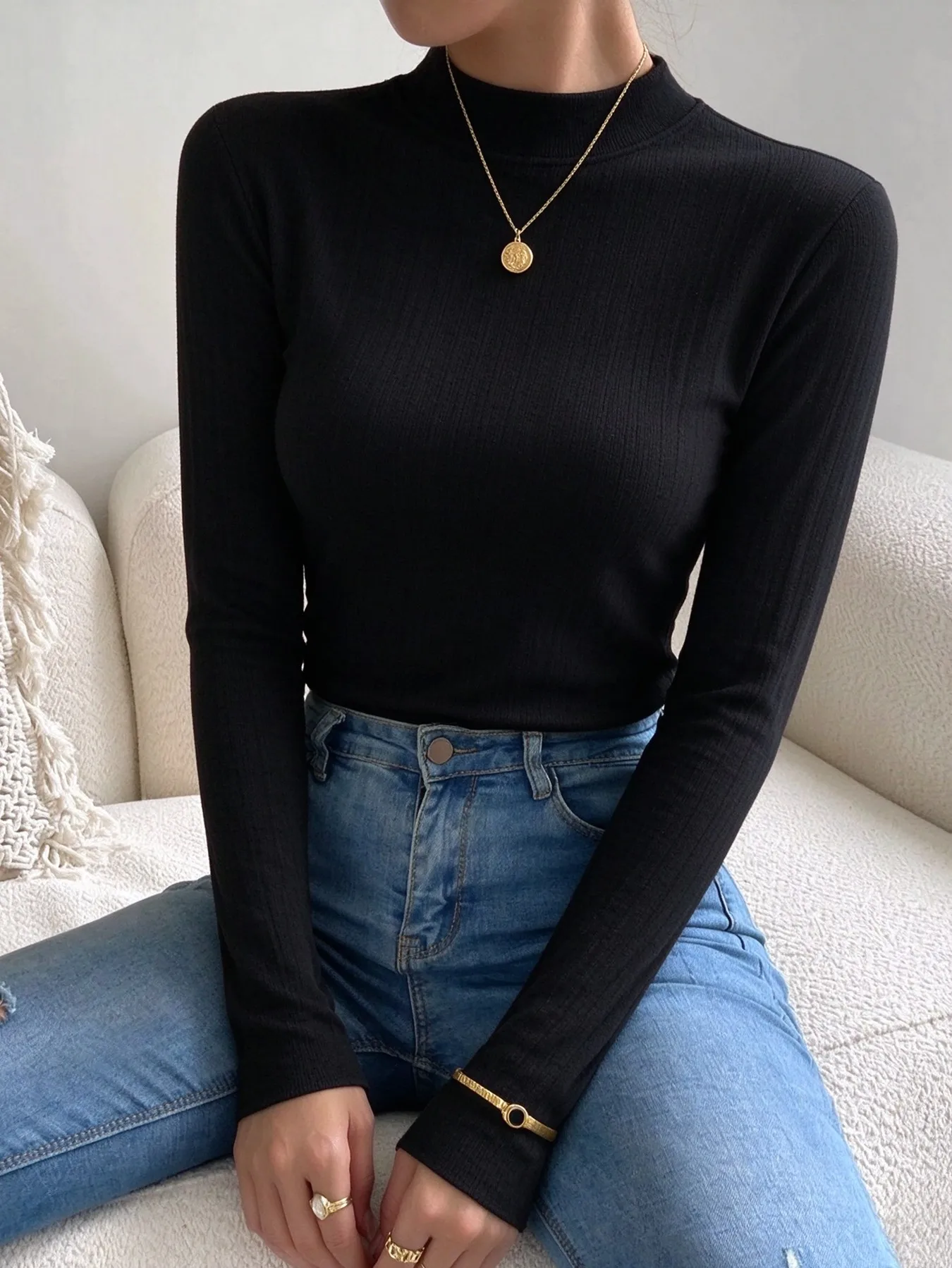 Womens Solid Thread Long Sleeve Korean Commute T-Shirt Mock Neck Slim Fit Top Autumn Comfortable Streetwear Casual Basic Clothes
