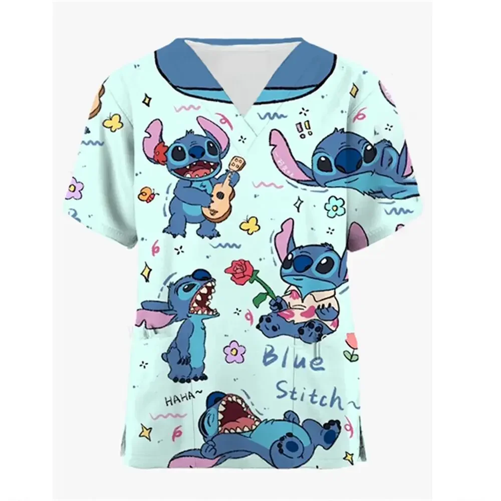 

V Neck Clothing Y2k Pocket Lilo & Stitch Hospital Disney New Summer Nurse Uniform T-shirt Woman T-shirts Uniform Pocket Neck Y2k
